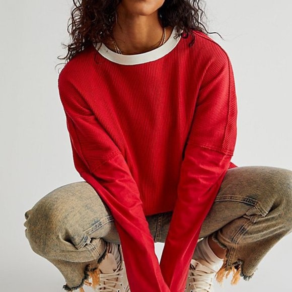 29-NWOT Free People Jayson Ringer Thermal Top Red - Picture 1 of 1